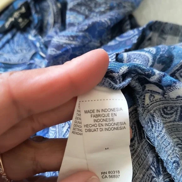 Lucky Brand Womens V-Neck Tie Long Sleeve Printed Peasant Boho Blue Top Size M - Picture 3 of 5